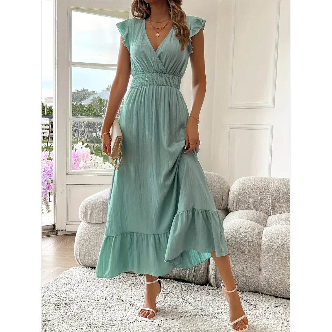 Elegancka sukienka maxi z kopertowym dekoltem V - Jasnozielony