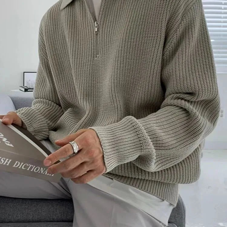 Męski sweter ze strukturalnej dzianiny z zamkiem 1/4 - Szary