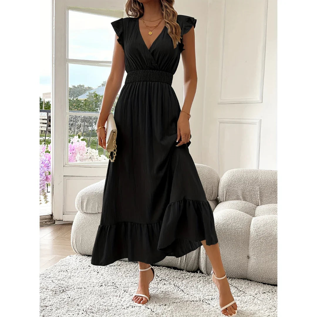 Elegancka sukienka maxi z kopertowym dekoltem V - Czarny