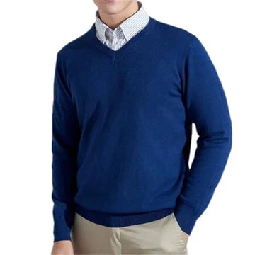 Męski sweter z dekoltem w serek o klasycznym kroju - Granatowy
