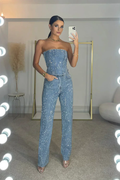 Cekinowy kombinezon damski bez ramiączek z prostymi nogawkami - Denim
