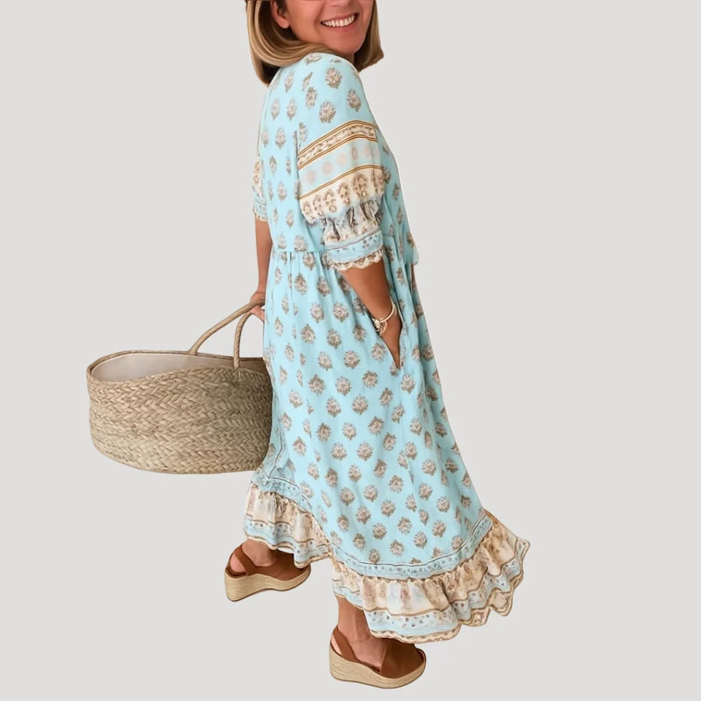 Lekka sukienka damska boho midi z praktycznymi kieszeniami
