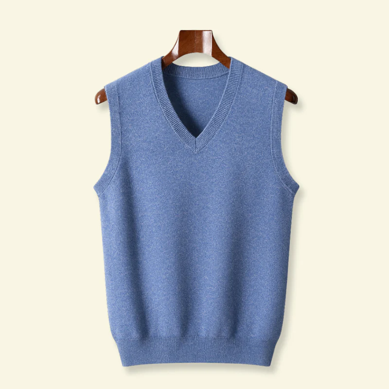 Męski sweter bez rękawów z dekoltem w serek - Niebieski