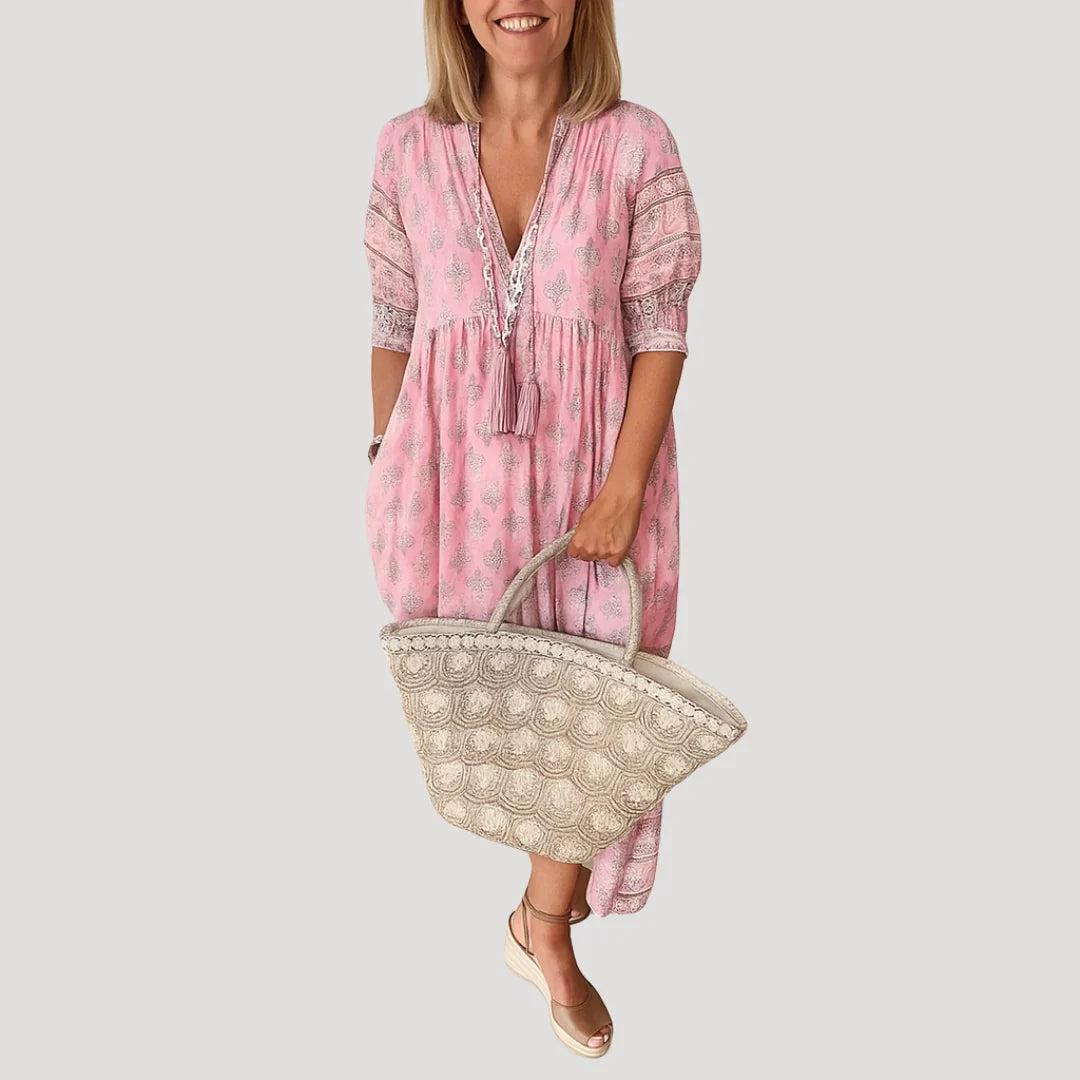 Lekka sukienka damska boho midi z praktycznymi kieszeniami - Różowy