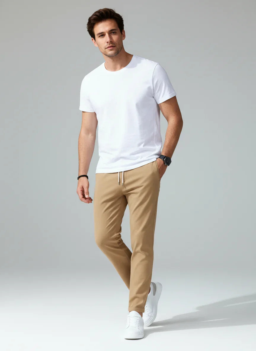 Męskie spodnie casual z elastyczną talią i prostym krojem - Beige