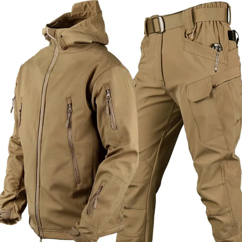 Męski zestaw outdoorowy z wodoodporną kurtką, spodniami i ociepleniem fleece - Khaki