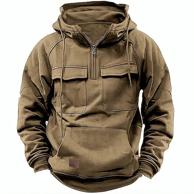 Męska bluza z kapturem, krótkim zamkiem i kieszeniami - Khaki