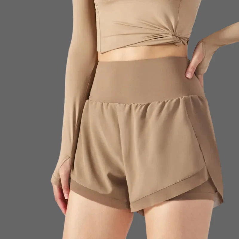 Damskie spodenki sportowe 2w1 z wysokim stanem - Khaki
