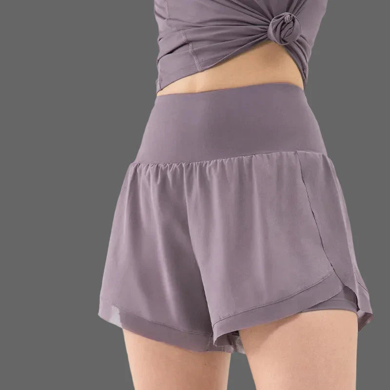Damskie spodenki sportowe 2w1 z wysokim stanem - Purpurowy