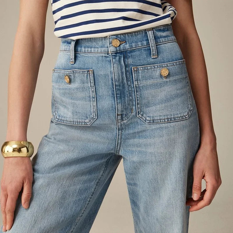 Damskie jeansy z wysokim stanem i szerokimi nogawkami - Denim