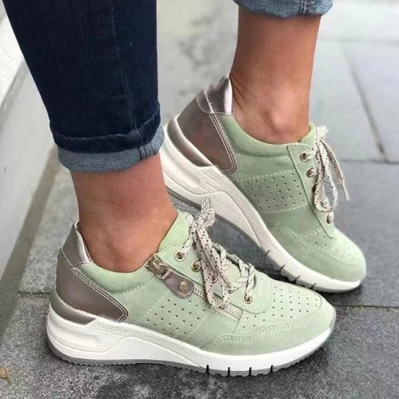 Damskie sneakersy na koturnie z bocznym zamkiem - Zielony