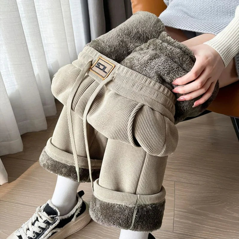 Damskie spodnie z ociepleniem, wysokim stanem i miękką podszewką - Khaki