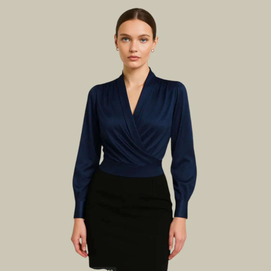 Elegancka damska bluzka kopertowa z dekoltem V - Czarny