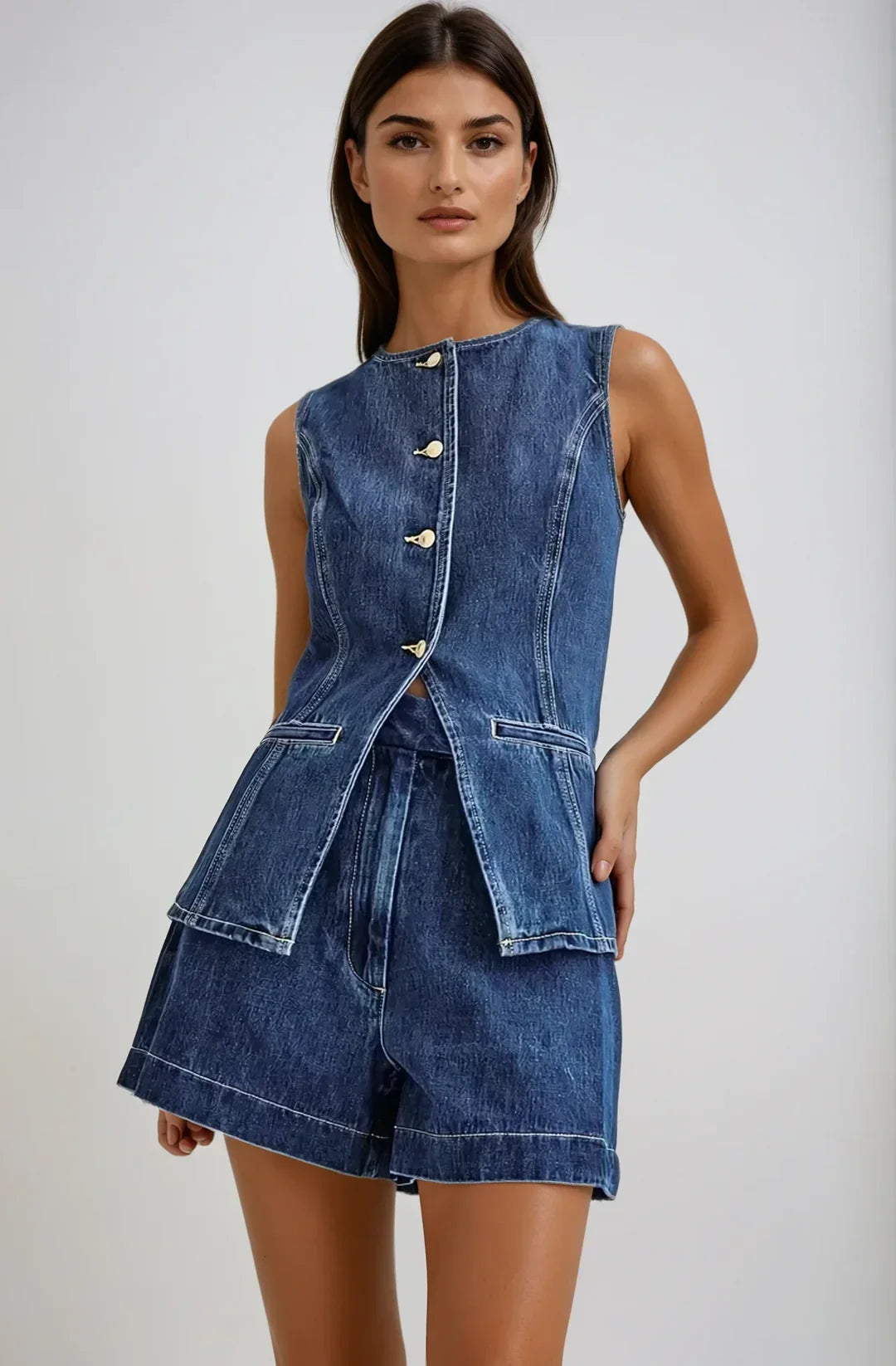 Damski komplet denimowy z kamizelką i luźnymi szortami - Denim