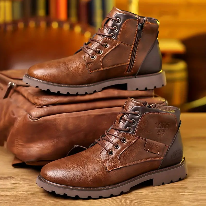 Męskie buty zimowe z wysoką cholewką i bieżnikiem - Brązowy