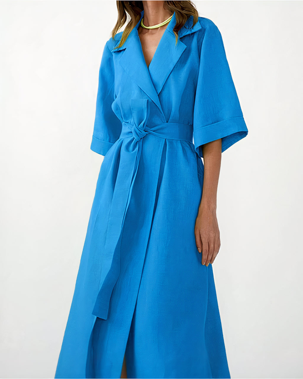 Długie damskie kimono maxi z wiązaniem w talii - Niebieski
