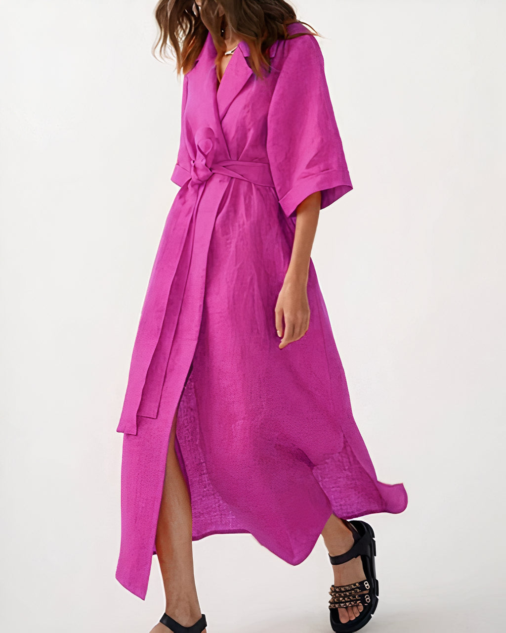 Długie damskie kimono maxi z wiązaniem w talii - Różowy