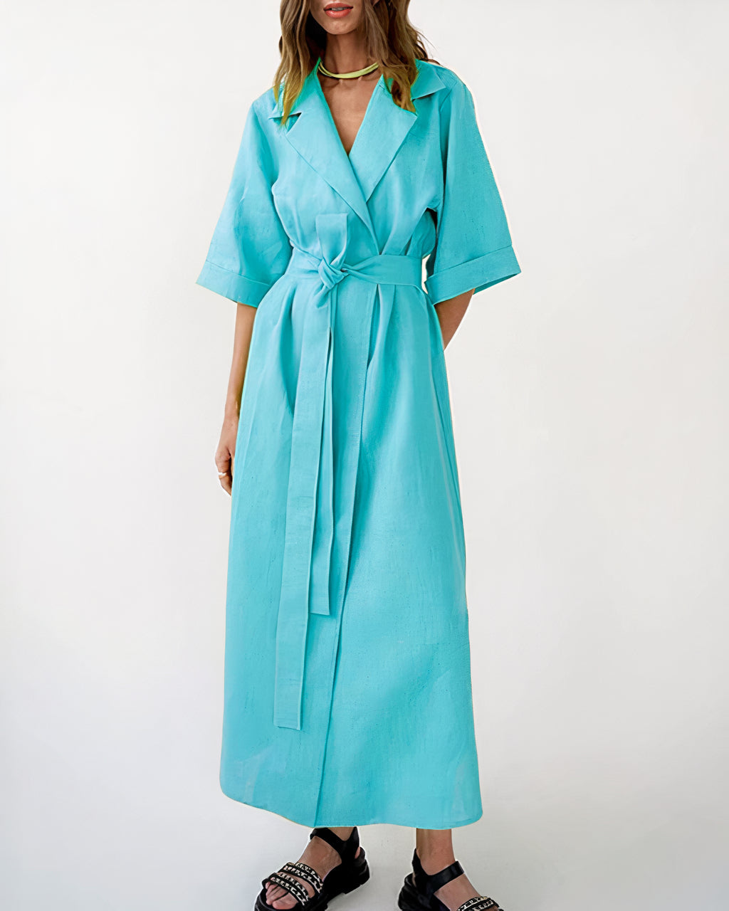 Długie damskie kimono maxi z wiązaniem w talii - Błękitny