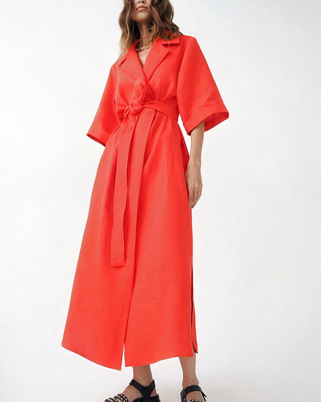 Długie damskie kimono maxi z wiązaniem w talii - Pomarańcza