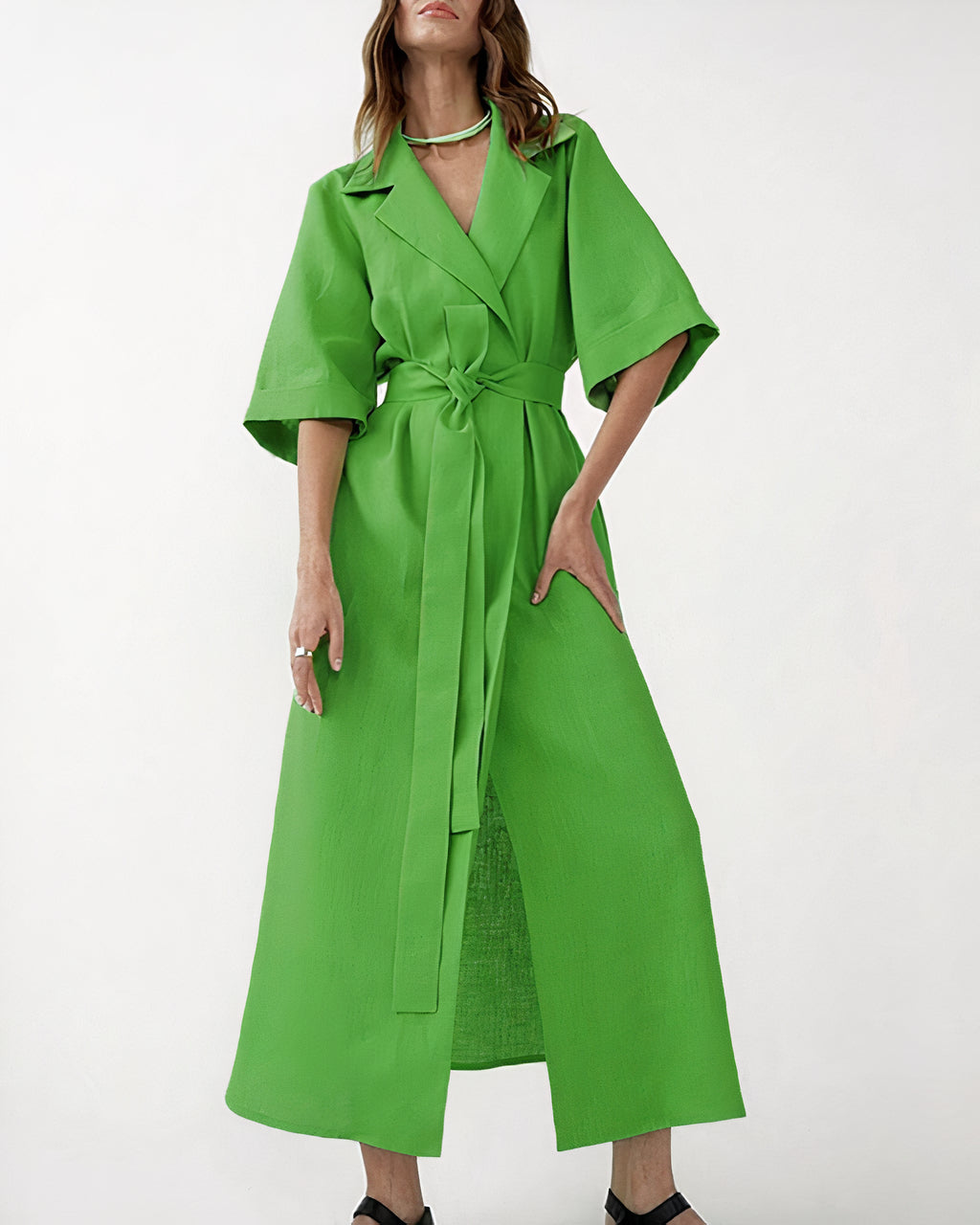Długie damskie kimono maxi z wiązaniem w talii - Zielony
