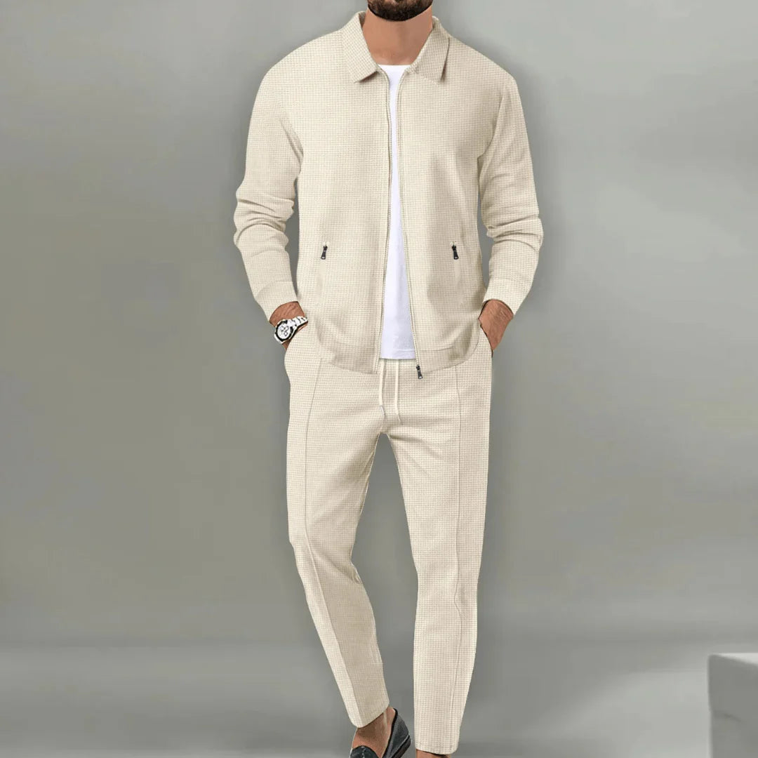 Minimalistyczny męski dres dwuczęściowy z zamkiem - Beżowy