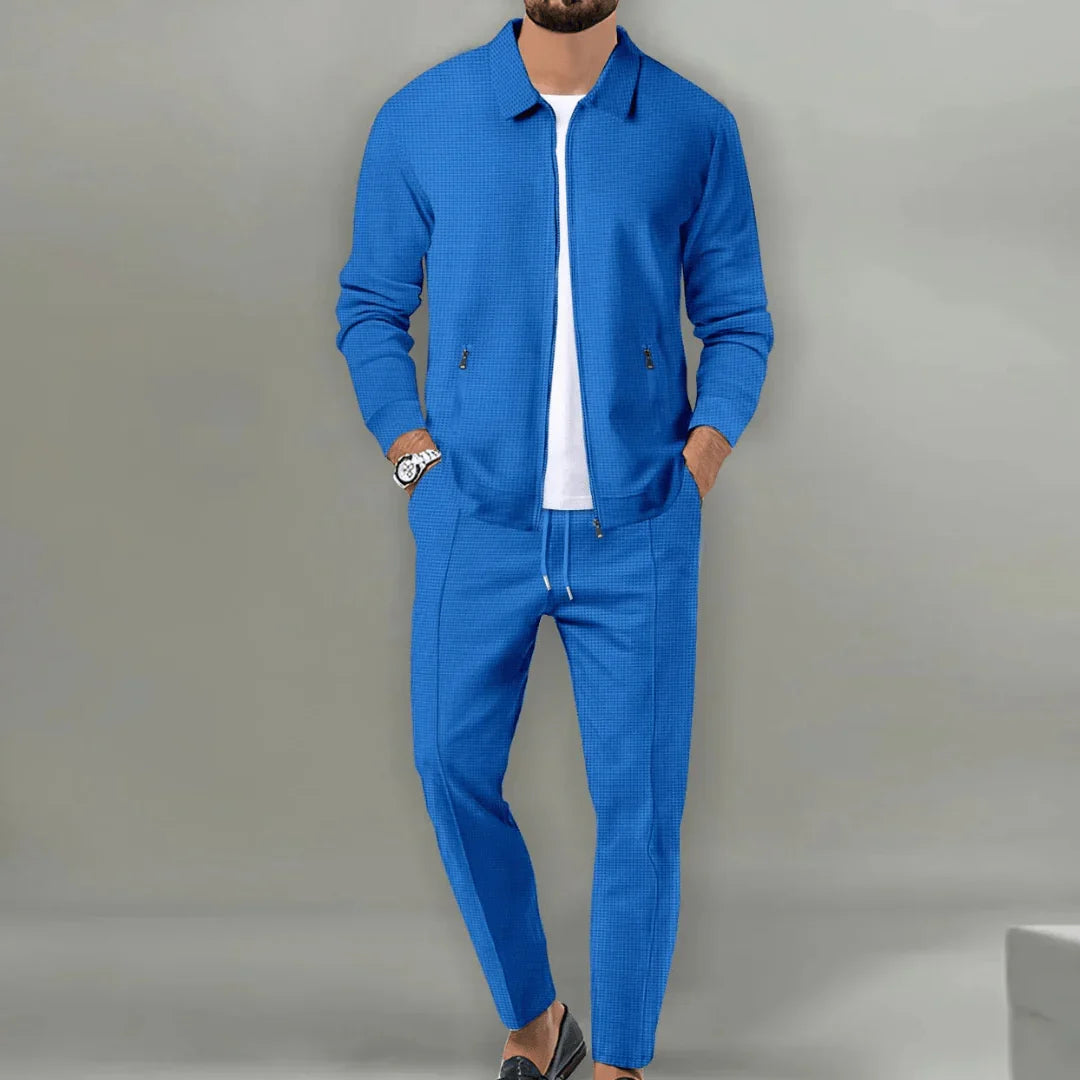 Minimalistyczny męski dres dwuczęściowy z zamkiem - Niebieski